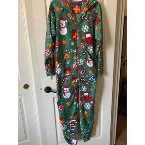 Christmas-Themed Green Hooded Fleece Onesie Pajamas W/ Snowmen & Candy Canes Pri